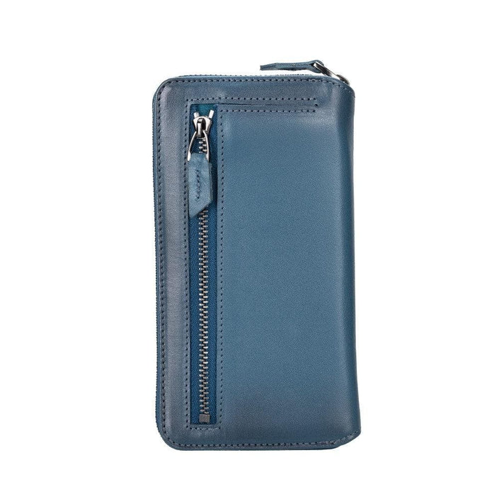 Apple iPhone 14 Series Detachable Zipper Leather Wallet Case (Blue), showing exterior zippered compartment