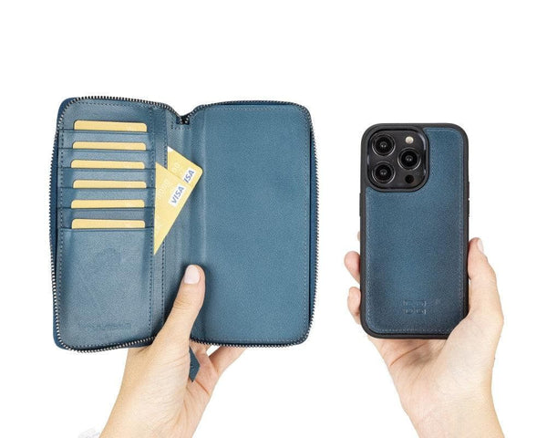 Apple iPhone 14 Series Detachable Zipper Leather Wallet Case (Blue)