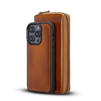 Apple iPhone 14 Series Detachable Zipper Leather Wallet Case (Tan)