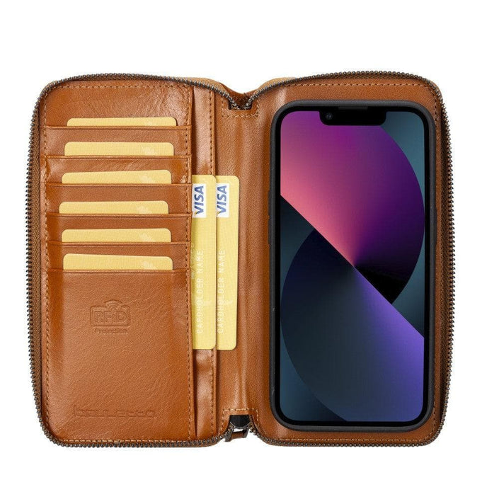 Apple iPhone 14 Series Detachable Zipper Leather Wallet Case (Tan), showing card slots, banknote compartments and phone panel