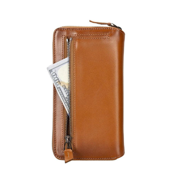 Apple iPhone 14 Series Detachable Zipper Leather Wallet Case (Tan), showcasing exterior zippered compartment