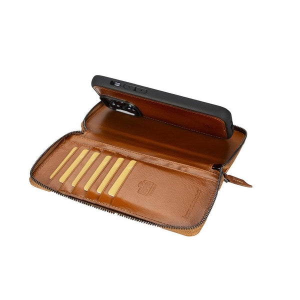 Apple iPhone 14 Series Detachable Zipper Leather Wallet Case (Tan)