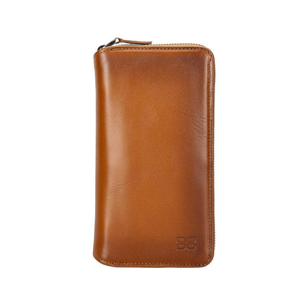 Apple iPhone 14 Series Detachable Zipper Leather Wallet Case (Tan), front view