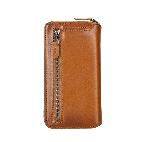 Apple iPhone 14 Series Detachable Zipper Leather Wallet Case (Tan), showing external zippered compartment