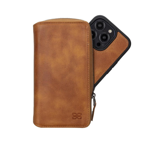 Apple iPhone 14 Series Detachable Zipper Leather Wallet Case (Tiguan Tan)