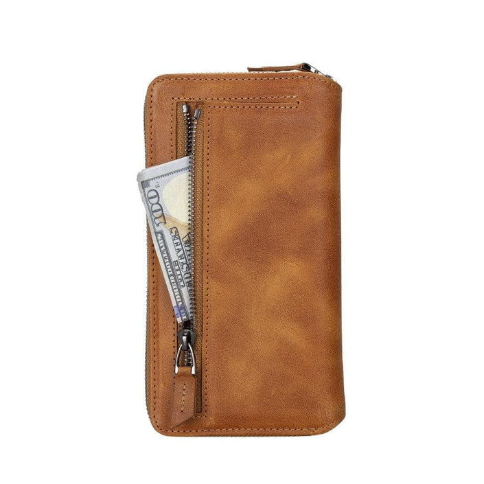 Apple iPhone 14 Series Detachable Zipper Leather Wallet Case (Tiguan Tan), showcasing exterior zippered compartment