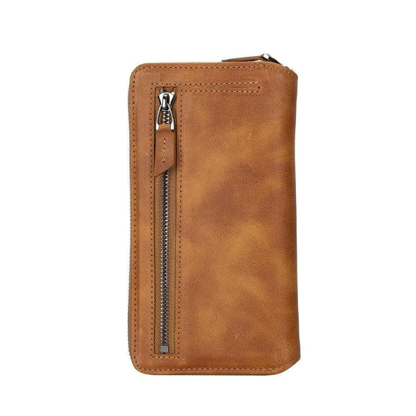 Apple iPhone 14 Series Detachable Zipper Leather Wallet Case (Tiguan Tan), showing exterior zippered compartment
