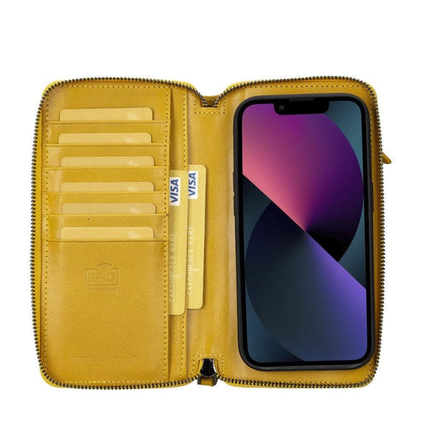 Apple iPhone 14 Series Detachable Zipper Leather Wallet Case (Mustard), showing card slots, banknote compartments and phone panel