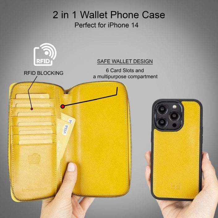 Apple iPhone 14 Series Detachable Zipper Leather Wallet Case (Mustard), showcasing RFID blocking technology and interior features