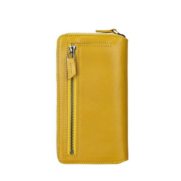 Apple iPhone 14 Series Detachable Zipper Leather Wallet Case (Mustard), showing exterior zippered compartment