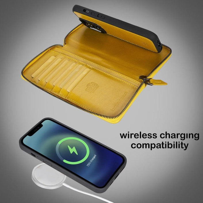 Apple iPhone 14 Series Detachable Zipper Leather Wallet Case (Mustard), showcasing wireless charging compatibility