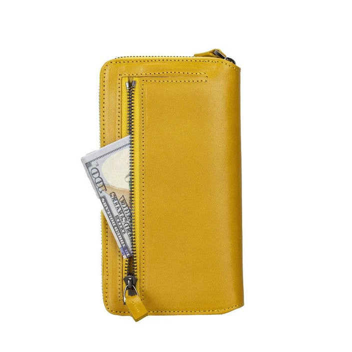 Apple iPhone 14 Series Detachable Zipper Leather Wallet Case (Mustard), showcasing exterior zippered compartment