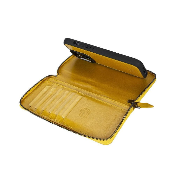 Apple iPhone 14 Series Detachable Zipper Leather Wallet Case (Mustard)