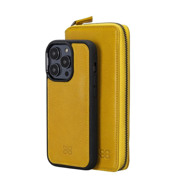 Apple iPhone 14 Series Detachable Zipper Leather Wallet Case (Mustard)