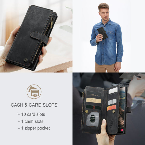Premium Wallet Case for iPhone X to iPhone 14 (Black), showcasing cash and card slots
