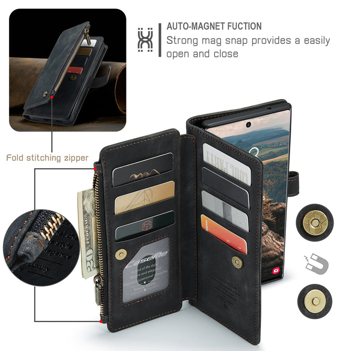 Premium Wallet Case for iPhone X to iPhone 14 (Black), showcasing quality stitching and magnetic closures