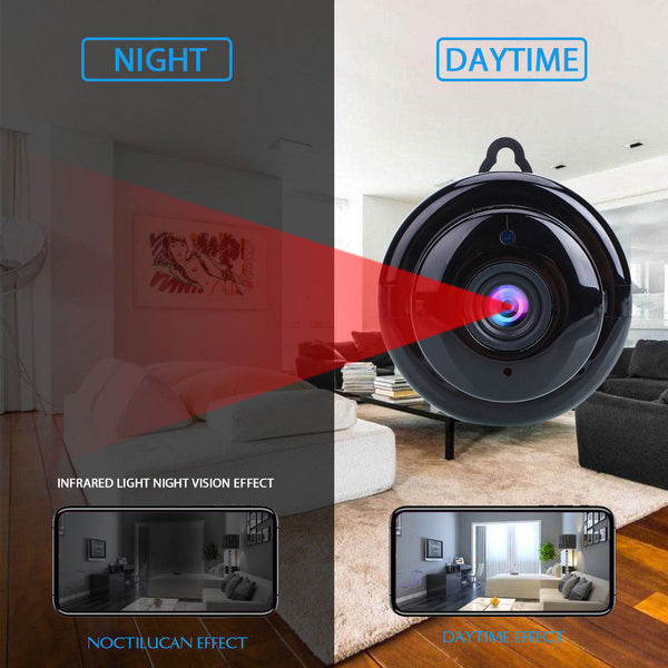Mini WiFi Hidden Wireless IP Home Security Camera, showing daylight and night vision viewing modes
