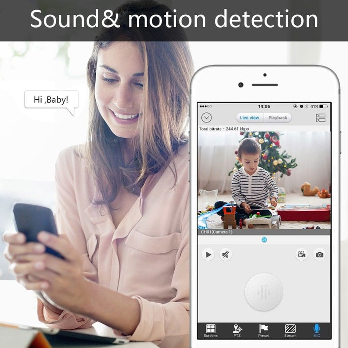 Mini WiFi Hidden Wireless IP Home Security Camera, showing sound and motion detection and audio annunciation capability