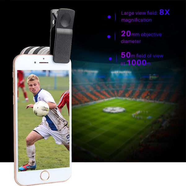 HD Optical Zoom Smartphone Lens with Universal Mobile Phone Clip, ready for use at a sporting event.