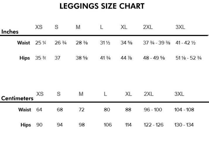 Leggings Size Chart for High Waist Navy Gold Palm Leaf Leggings