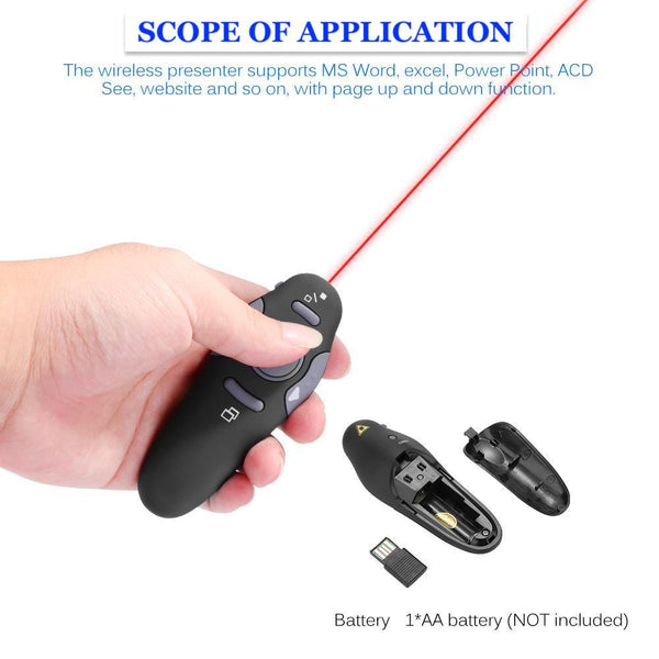 Wireless Presenter with Red Laser Pointer Pen USB, showing Presenter, Battery Compartment, USB Receiver and the Scope of Application