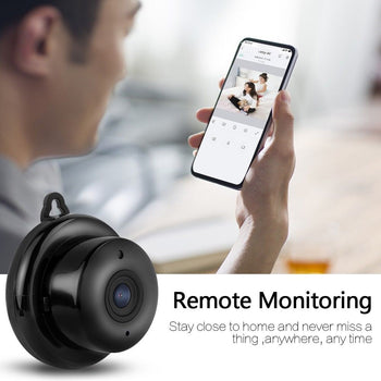Mini WiFi Hidden Wireless IP Home Security Camera, showing lens parameters including the visual angle