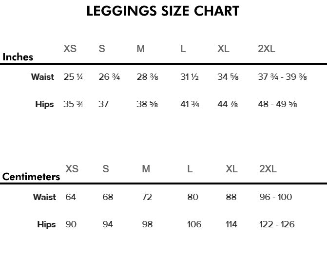 Leggings Size Chart for Coffee Fitness Set