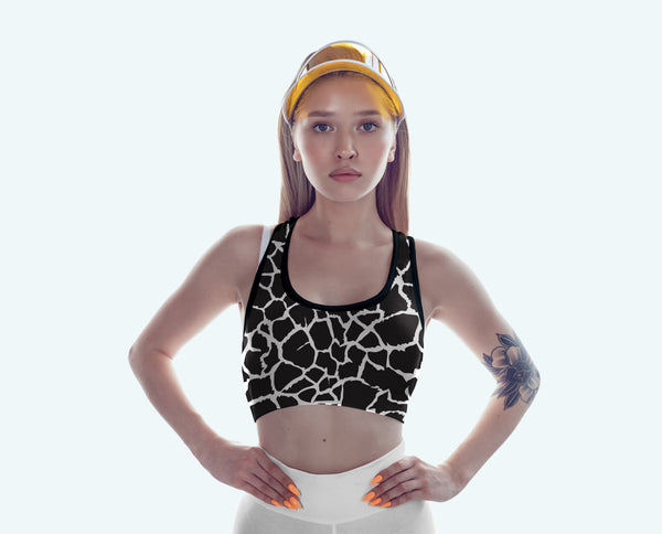 Animal Print Giraffe Padded Black/White Sports Bra, front view