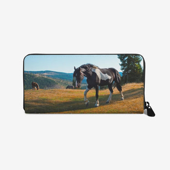 Black And White Stallion Horse Nature Landscape Leather wristlet